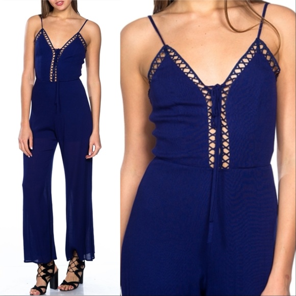 . Pants - NAVY BLUE LATTICE DETAILED JUMPSUIT